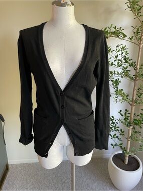 Classic Black Button-Front Cardigan with Elbow Patches